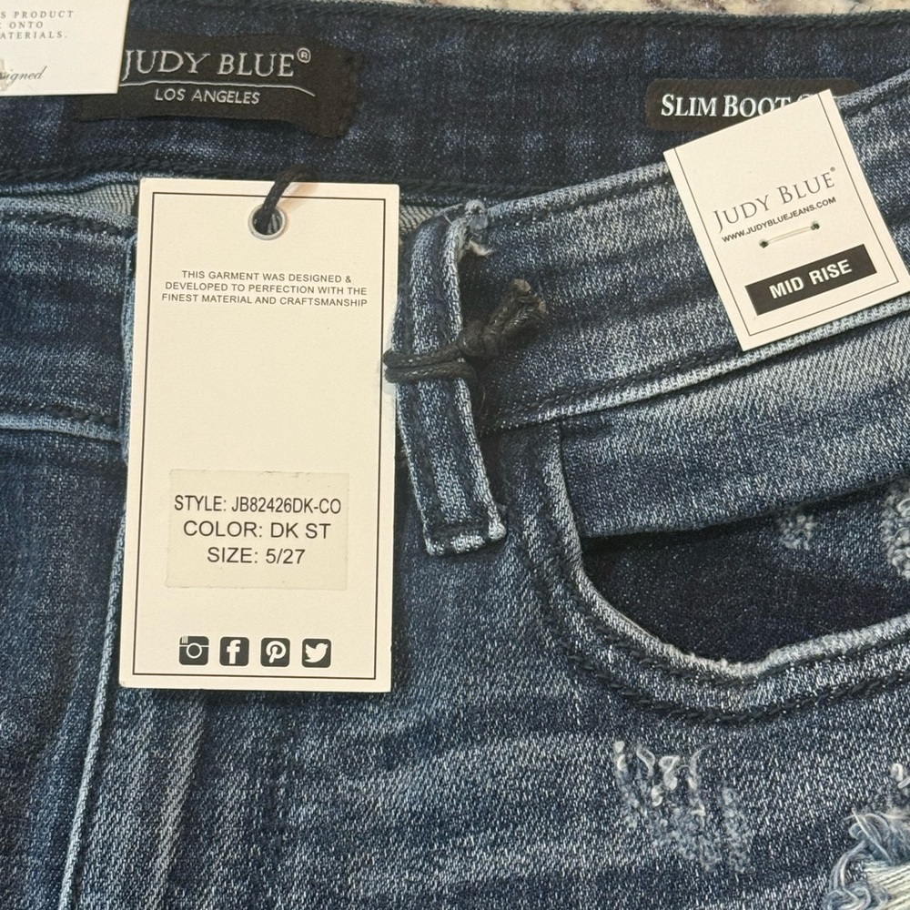 Judy Blue Distressed Flare Jeans - Blue - Picture 4 of 15